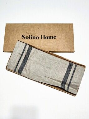 Solino Home 100% Linen Table Runner 14 x 60 Natural Black French Stripe Open Box
